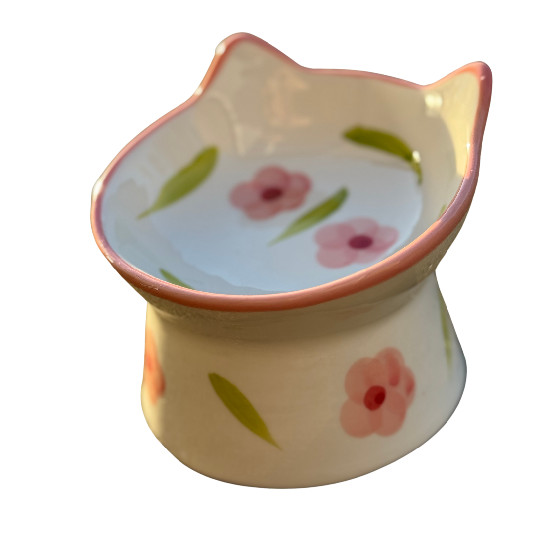 Cat-Shaped Ceramic Bowl with Floral Design